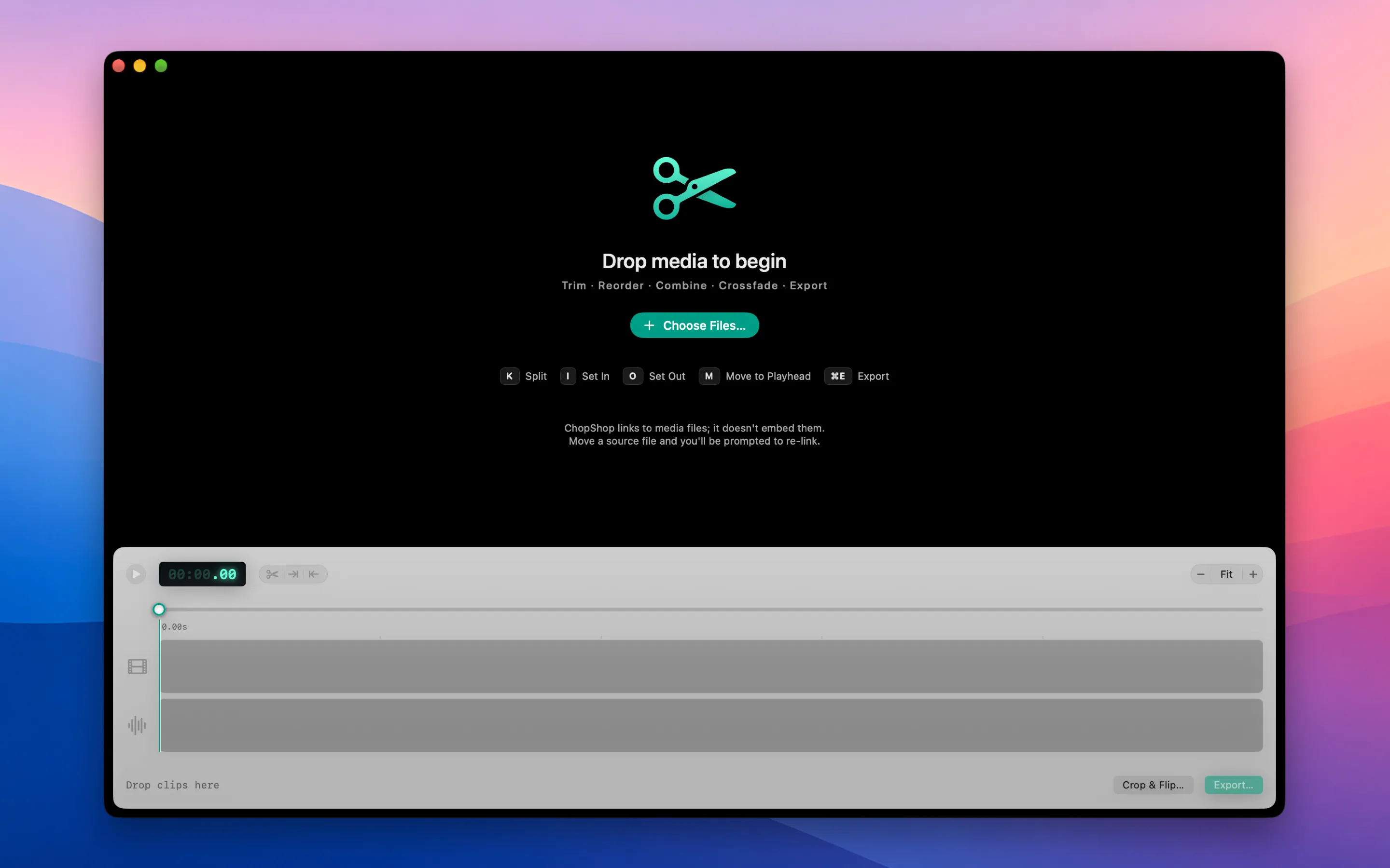 An empty ChopShop window reading “Drop media to begin” — Trim, Reorder, Combine, Crossfade, Export — with a Choose Files button and the keyboard shortcuts