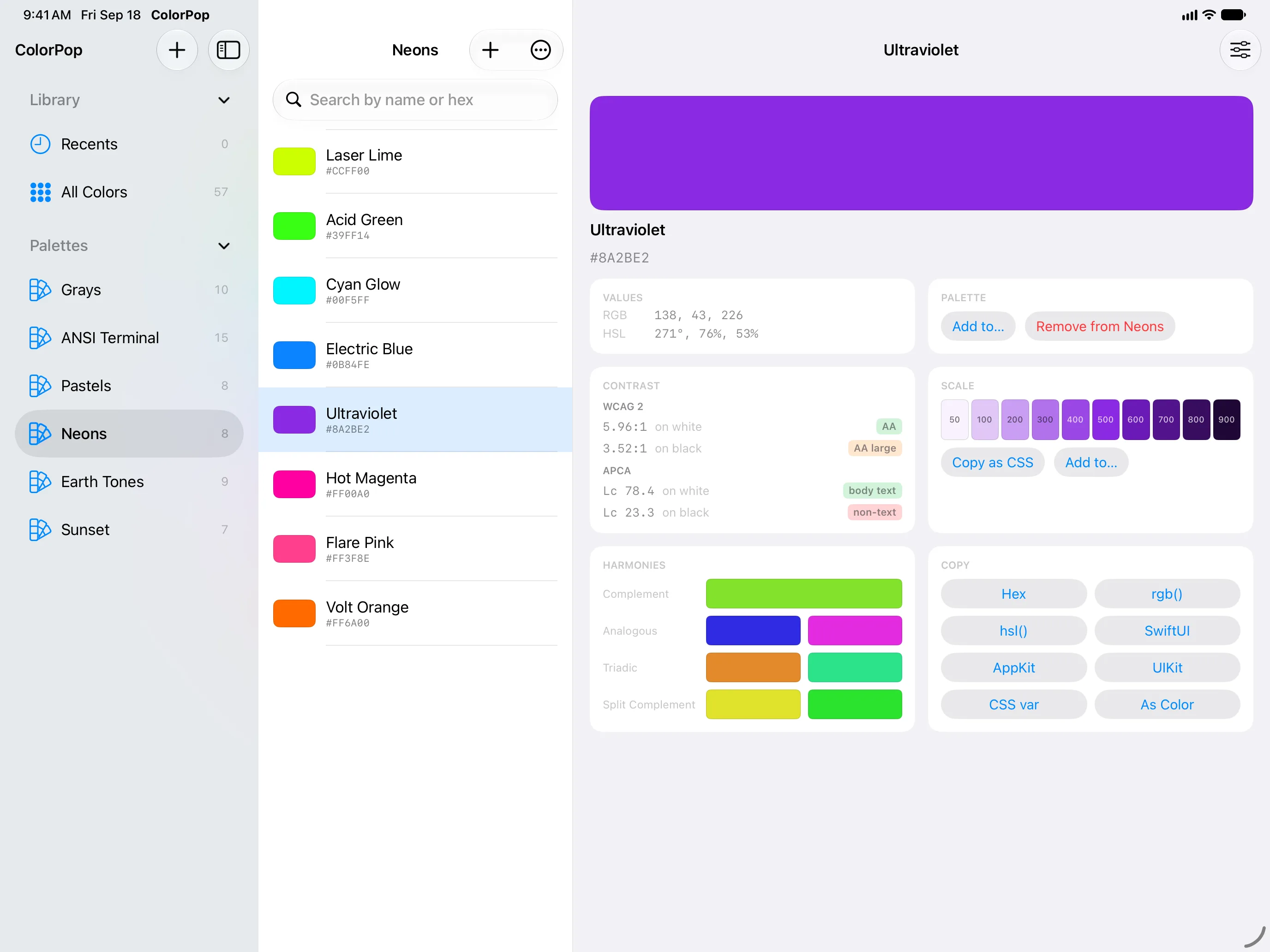 ColorPop on iPad — the Neons palette in a three-column layout, with values, contrast, scale, harmonies and copy formats alongside
