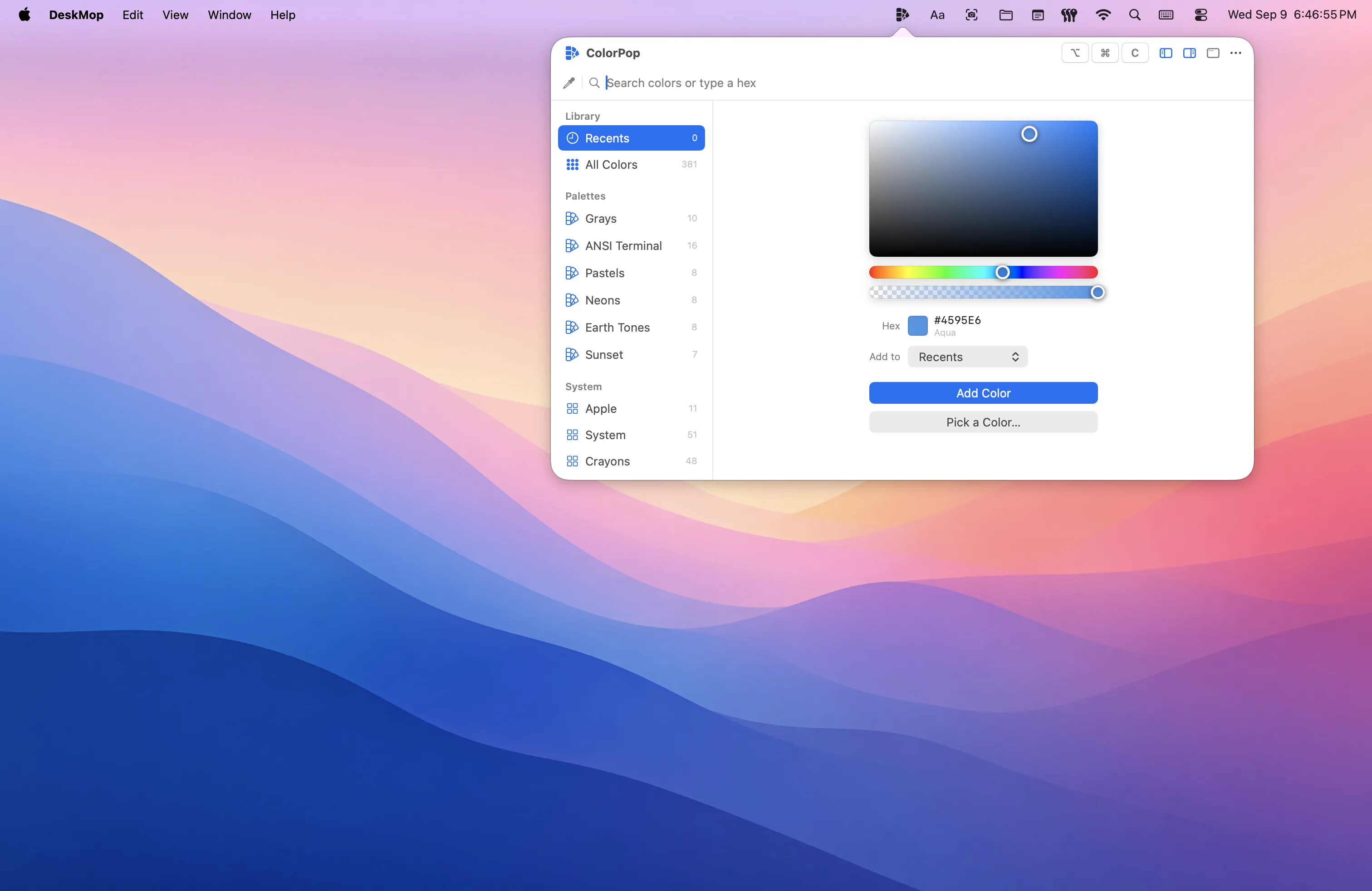 The colour adder: a saturation and brightness pad with hue and opacity strips, the hex shown as #4595E6 and named Aqua, and a picker choosing which palette the colour lands in