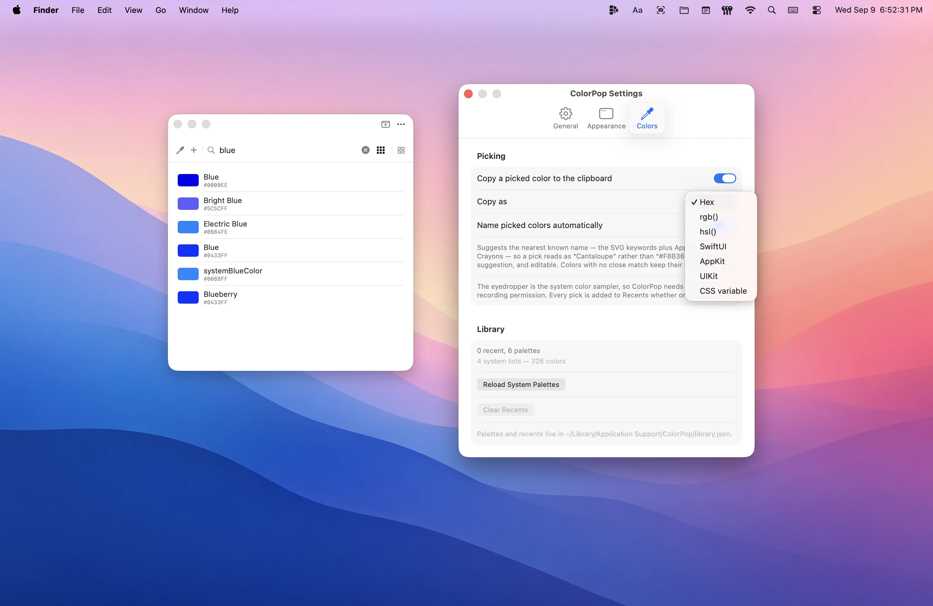 ColorPop as a floating window searching for &ldquo;blue&rdquo;, beside Settings showing the copy-on-pick format menu and the automatic colour naming option