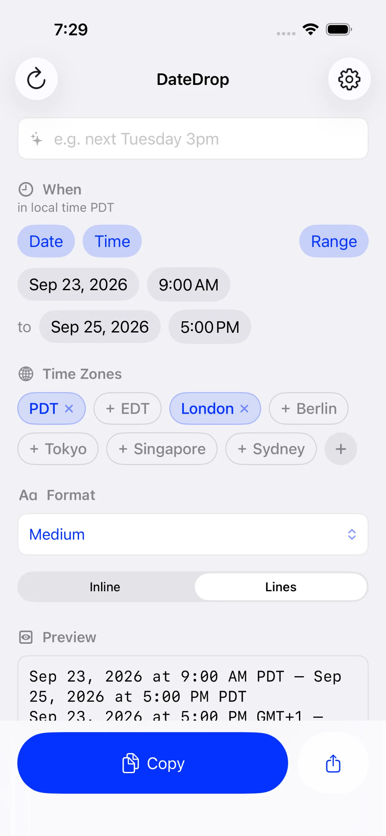 DateDrop on iPhone — a date range with time-zone chips underneath and the formatted preview below