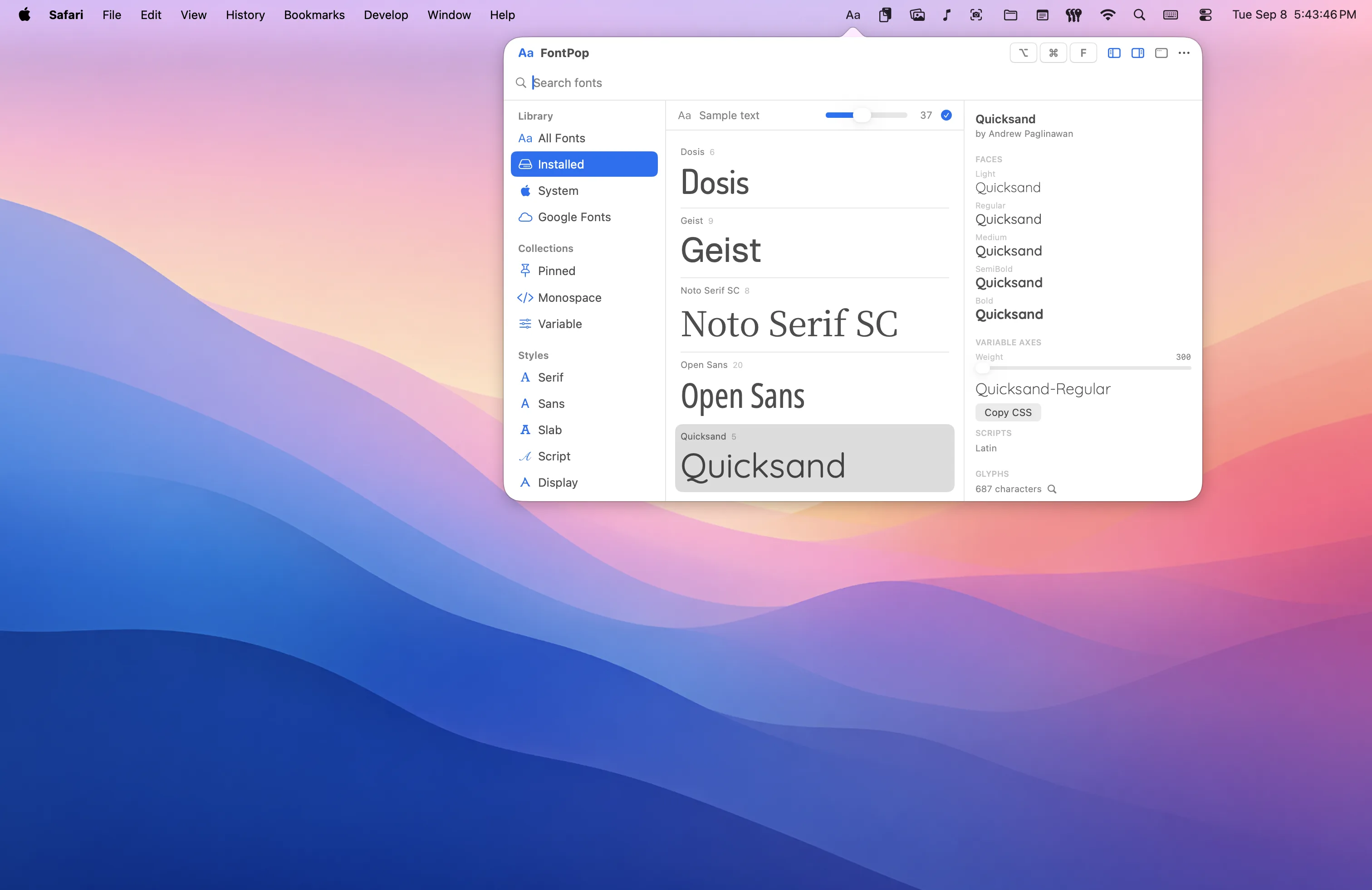 The picker open as a popover, the Installed scope showing Dosis, Geist, Noto Serif SC, Open Sans and Quicksand each rendering the same sample text, with Quicksand’s faces, variable weight axis and character count in the details pane