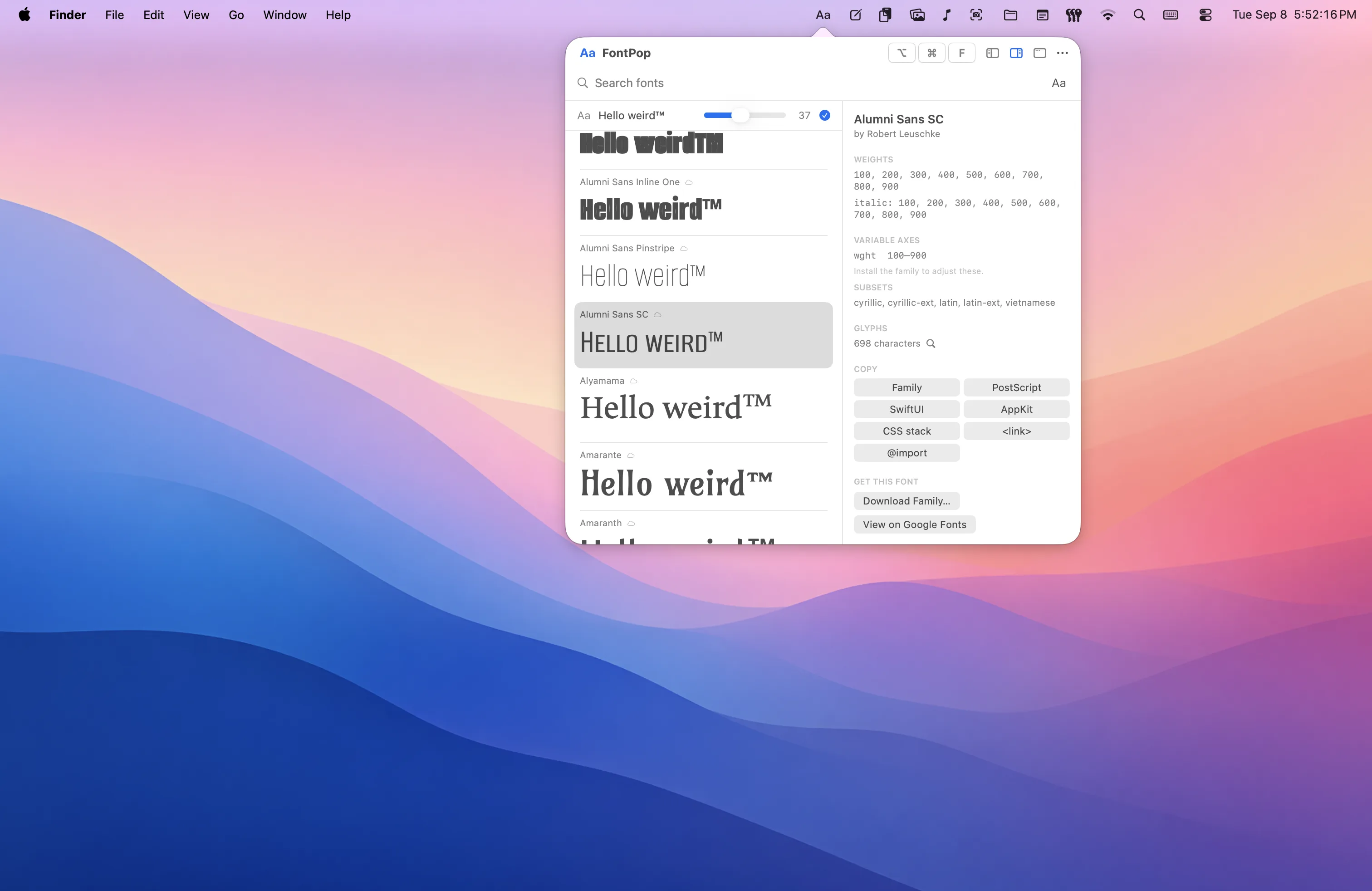 A Google Fonts family selected with the sample text “Hello weird™”, its weights, variable axis and subsets listed, the grid of copy formats beneath, and Download Family ready to fetch every weight with its license