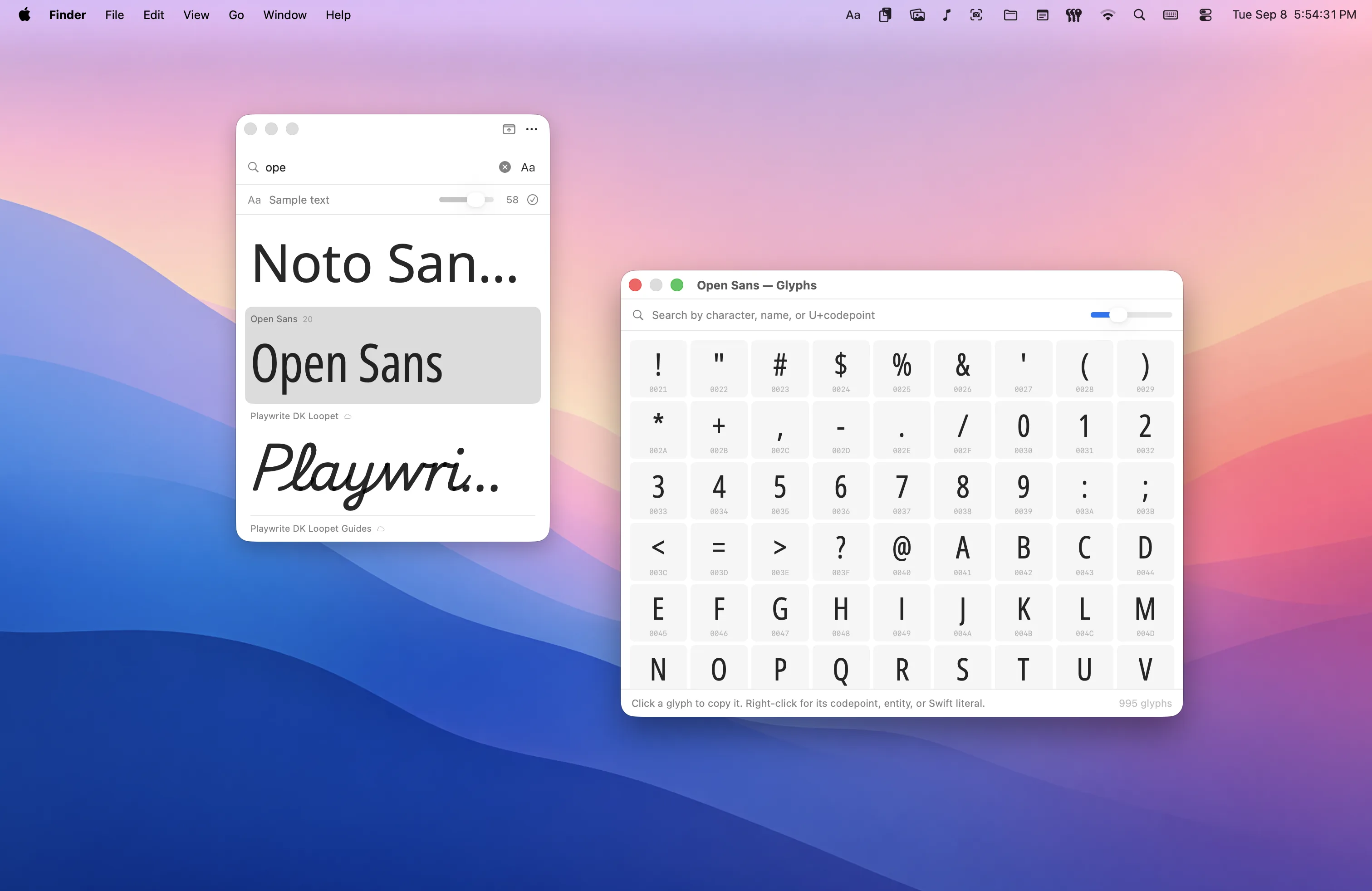 FontPop as a floating window searching for “ope”, with the glyph browser open on Open Sans — every character laid out with its codepoint, ready to click and copy