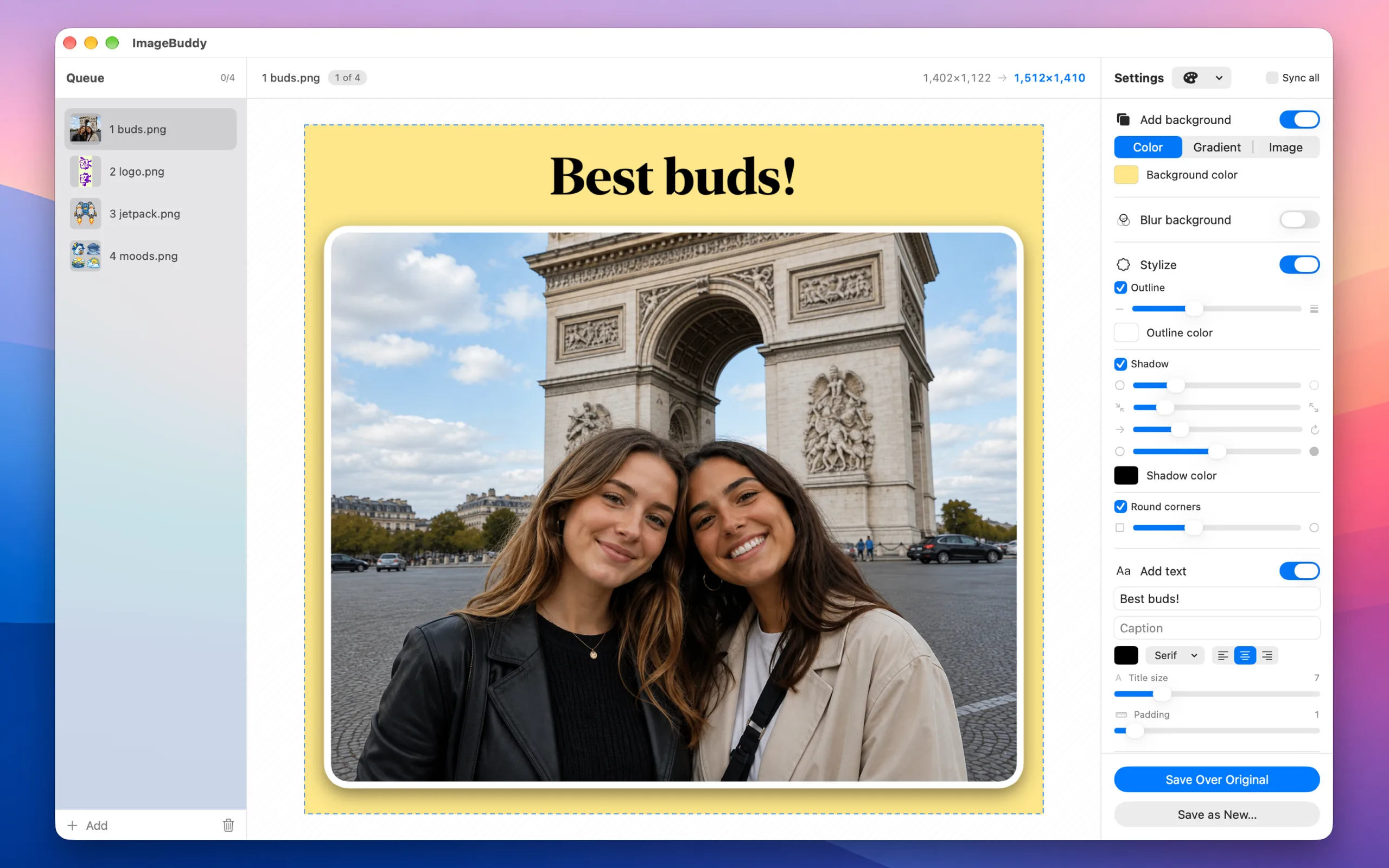 ImageBuddy framing a photo of two friends at the Arc de Triomphe — outline, soft shadow and rounded corners on a pale yellow background, with a “Best buds!” title set above it