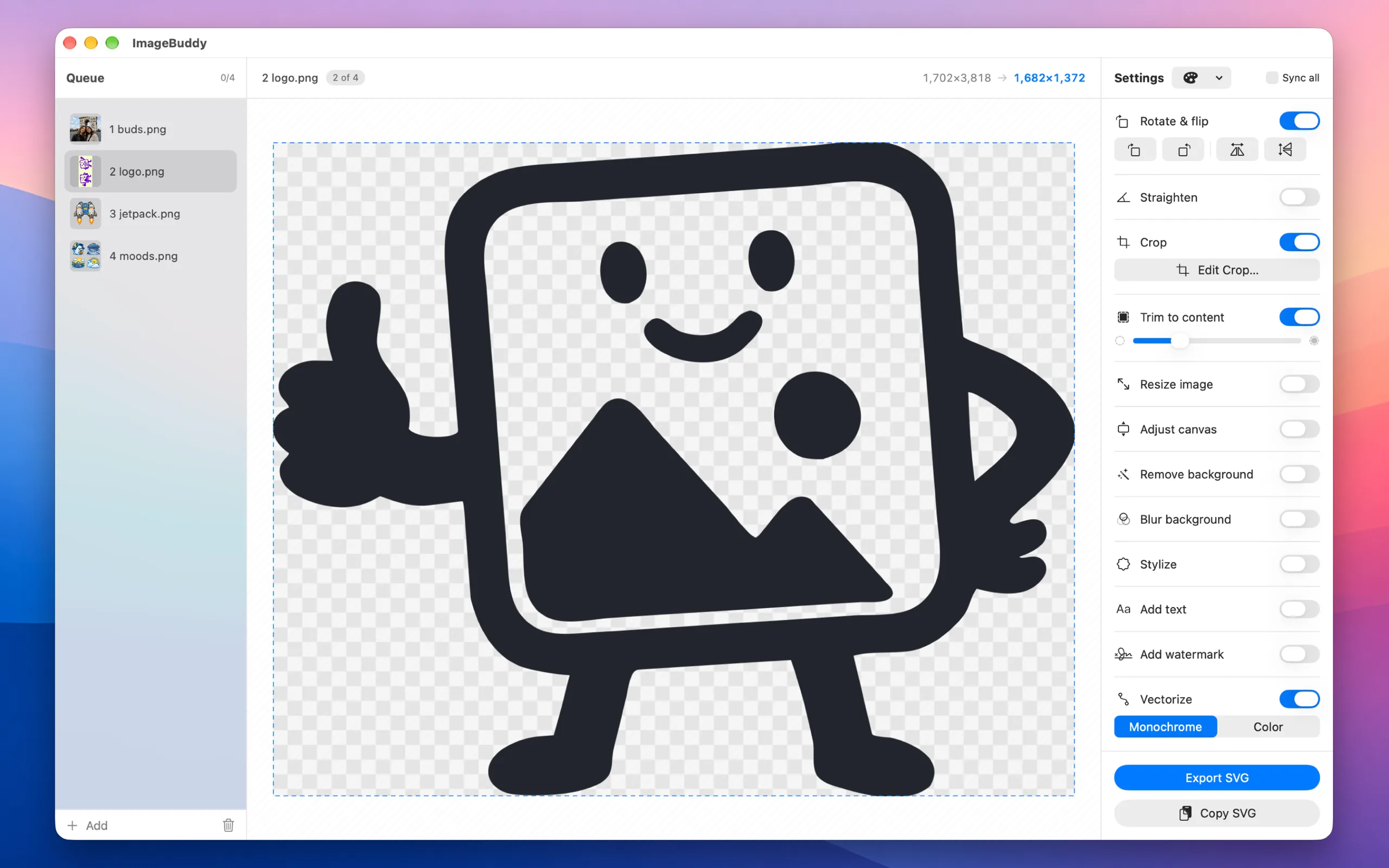 ImageBuddy trimming a cartoon image-mascot logo to its content and vectorizing it in Monochrome, ready to export or copy as SVG