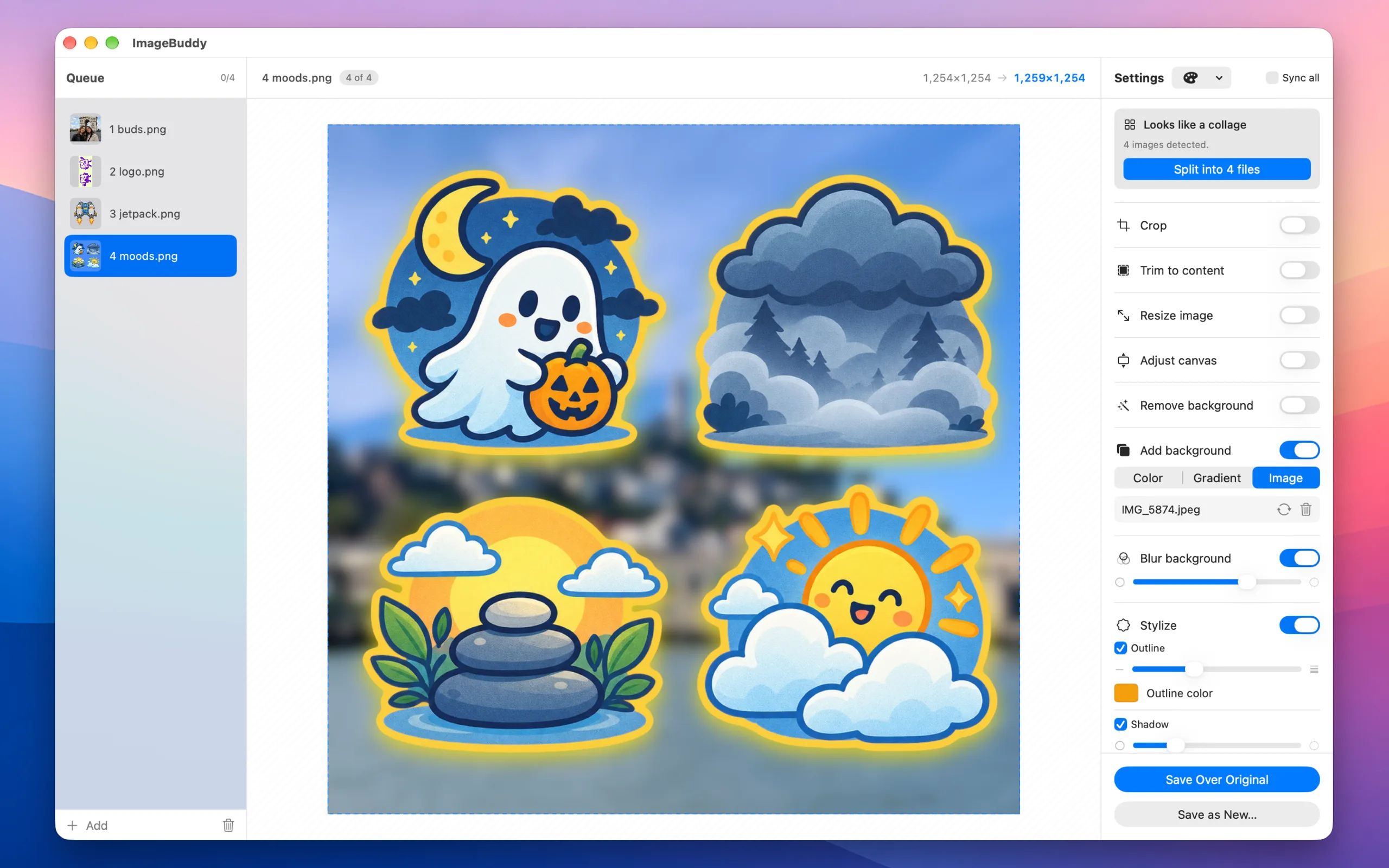 ImageBuddy spotting a four-sticker collage and offering to split it, with a yellow outline and shadow over a blurred photo background