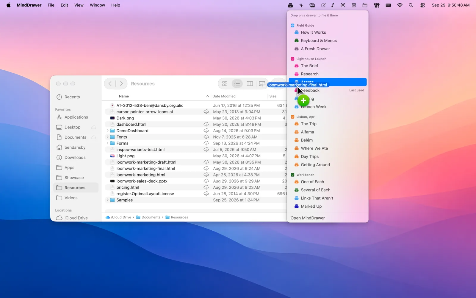 The menu bar drop target: a file dragged from the Finder toward MindDrawer’s menu bar icon opens a list of every drawer, grouped by cabinet, ready to be let go on