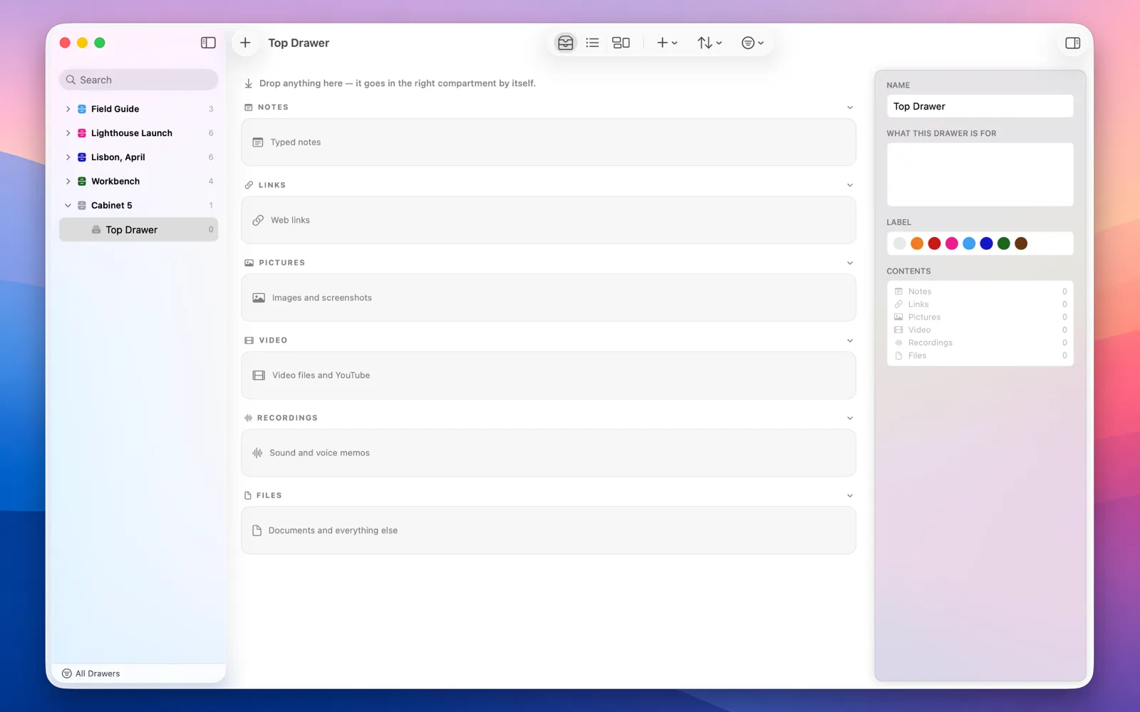 A brand new empty drawer: all six compartments present and named — typed notes, web links, images and screenshots, video, sound and voice memos, documents and everything else — above the line “Drop anything here, it goes in the right compartment by itself”