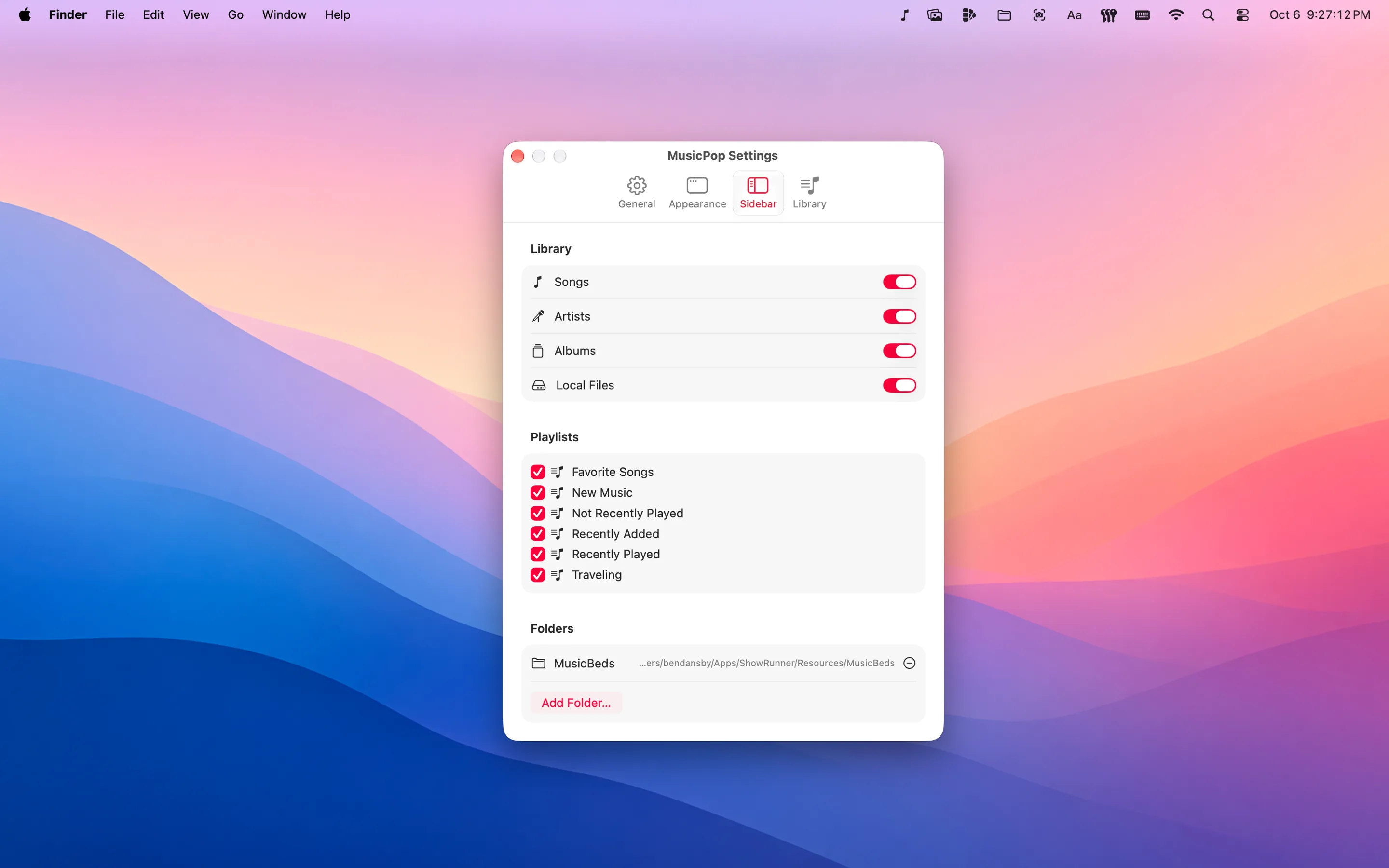 MusicPop's Sidebar settings, choosing which library sections and playlists appear and which folders are pinned