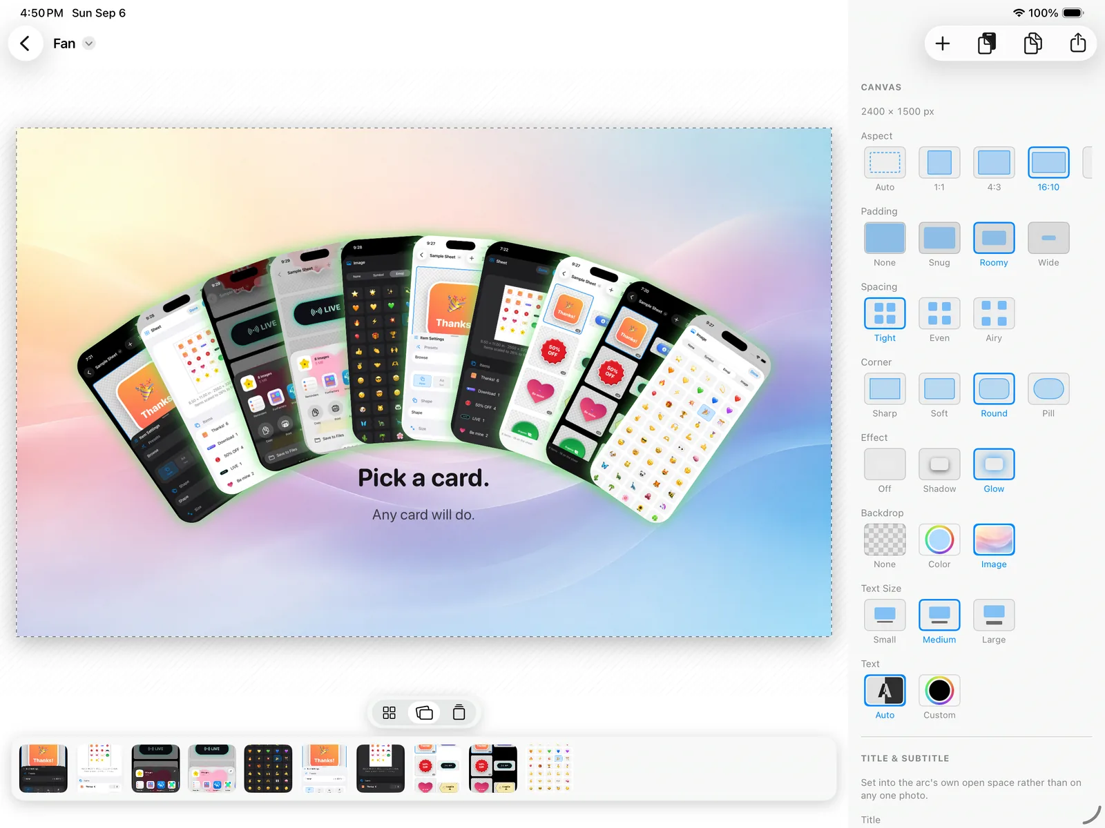 PicPile on iPad — screenshots fanned out over a soft backdrop with the canvas sidebar open alongside