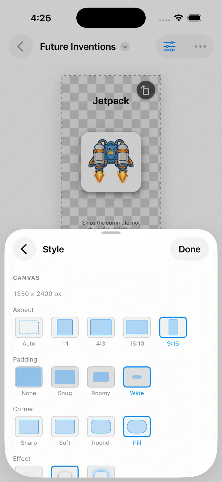 PicPile on iPhone — the style sheet open at half height, with the picture being adjusted still visible above it