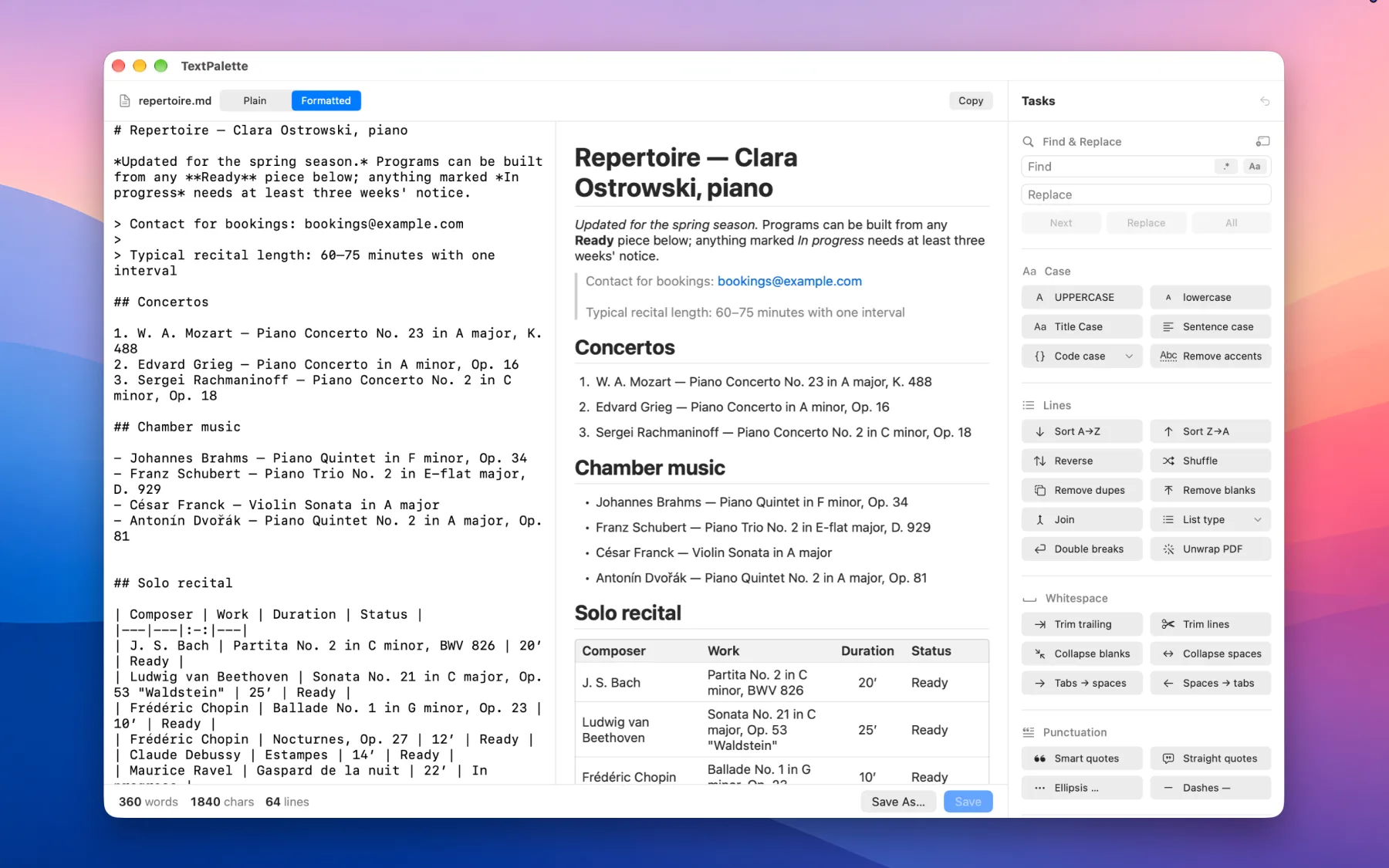 TextPalette's Formatted view of a Markdown repertoire list: the plain Markdown on the left and the rendered headings, lists, quote, and table on the right