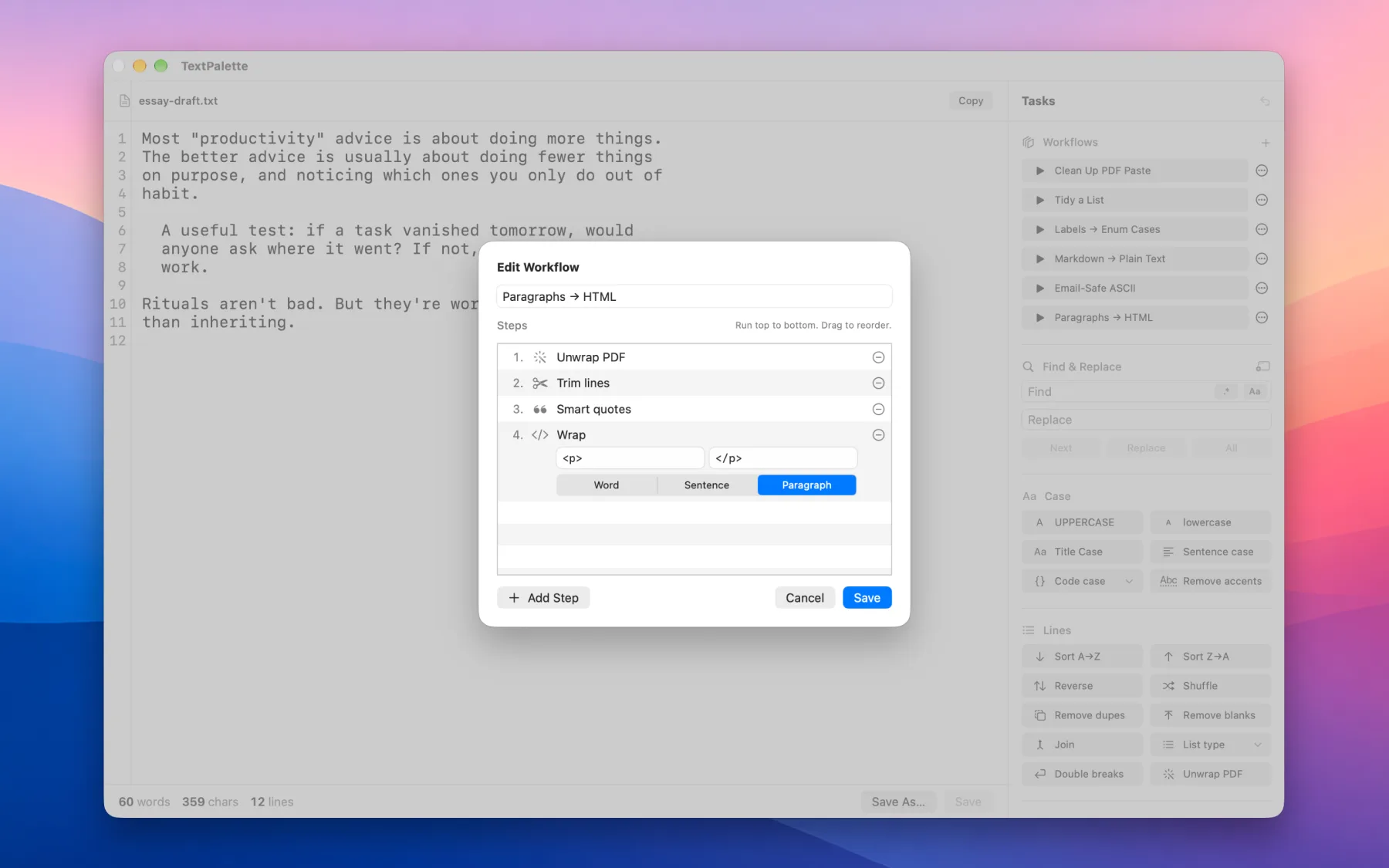 TextPalette's Edit Workflow sheet for a Paragraphs &rarr; HTML workflow: Unwrap PDF, Trim lines, Smart quotes, then Wrap each paragraph in <p> tags, with six saved workflows listed at the top of the task sidebar