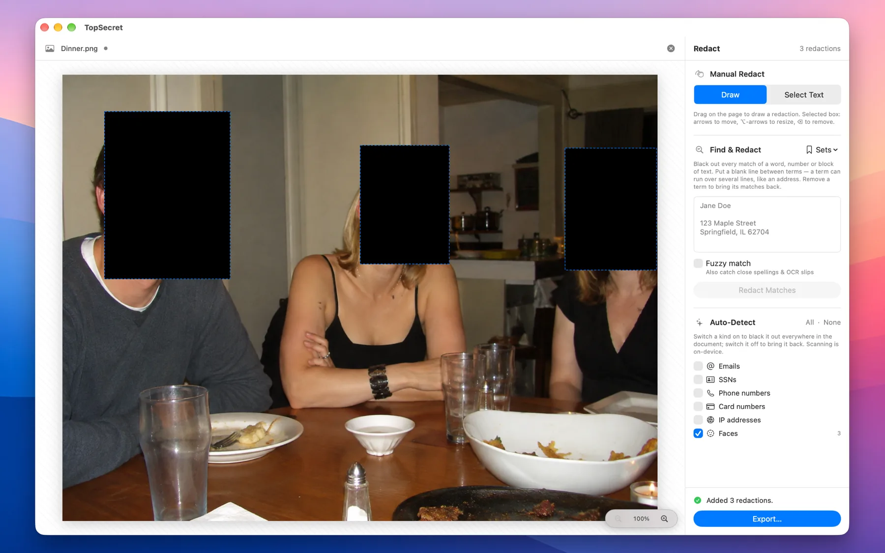 TopSecret blacking out the faces in a photo with Auto-Detect's Faces switch